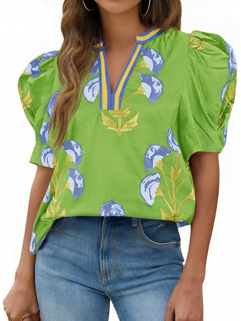 Women's Blouses Casual Green V Neck Color Block Tops Loose Fit Boho Floral